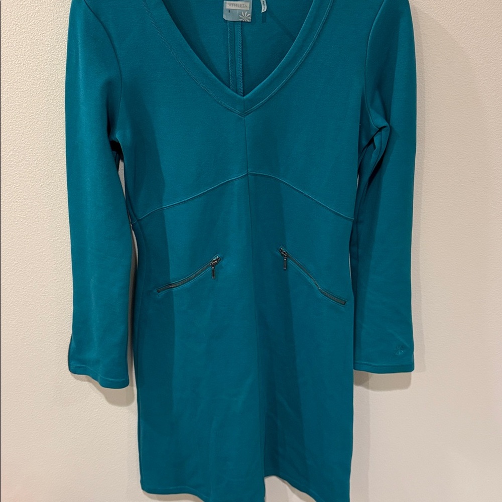 Athleta Teal Celebration Long Sleeve Ponte V-Neck dress